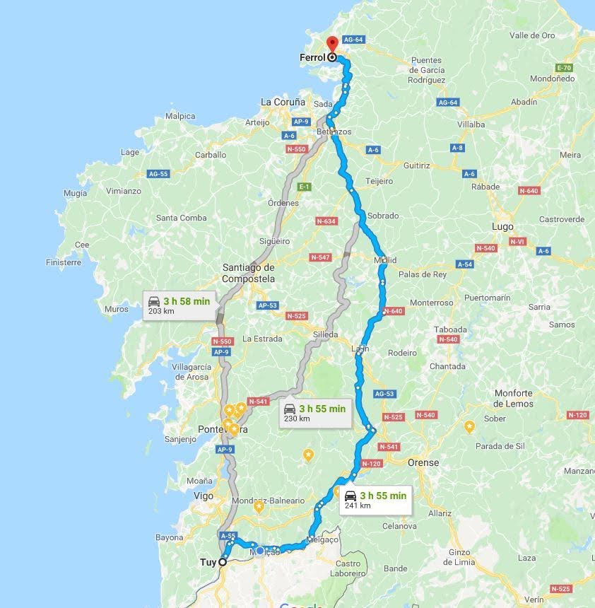 Distancia y tiempo de Tui a Ferrol por carreteras sin peaje